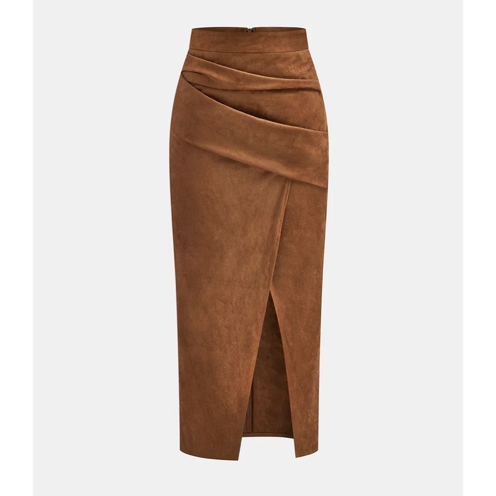 Commense Draped Slit Faux Suede Midi Skirt Women Small Light Brown Pencil Skirt